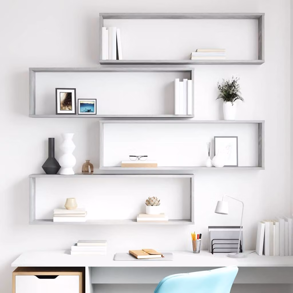 Set di 4 mensole a cubo vidaXL da parete in legno MDF, colore grigio cemento, L 100 cm x P 30 cm x H 15 cm