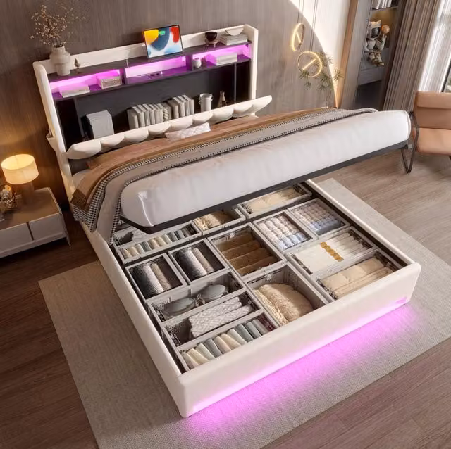 Letto contenitore 140x200 cm in velluto beige con LED; USB e Type-C