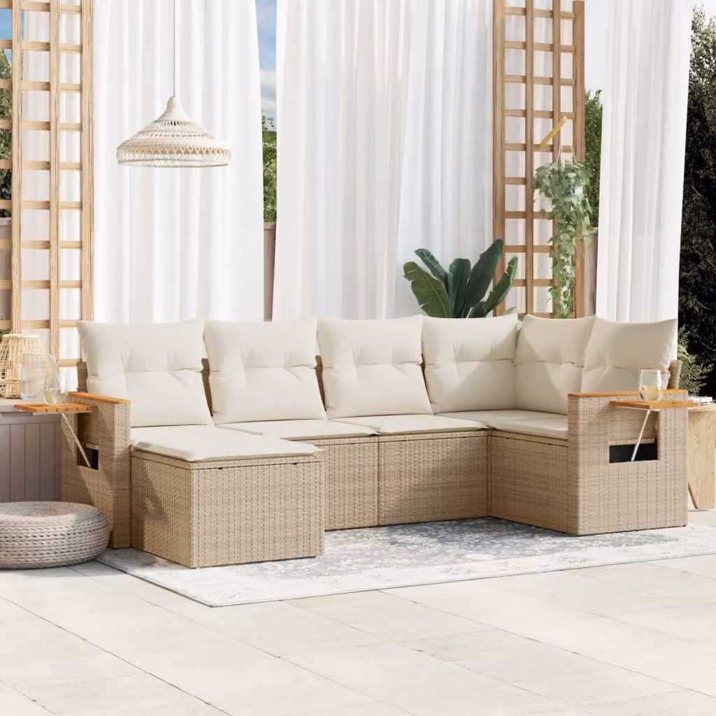 vidaXL Set Divano da Giardino a L in Polyrattan Beige con Cuscini e Tavolino da Esterno 6 pz – 1