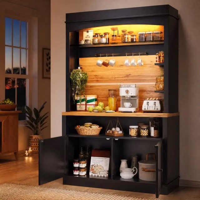 Set di 2 colonne da cucina MIVRAY in MDF nero opaco con illuminazione LED, ripiano aperto e 2 ante, L/P/H: 107 x 43 x 184 cm