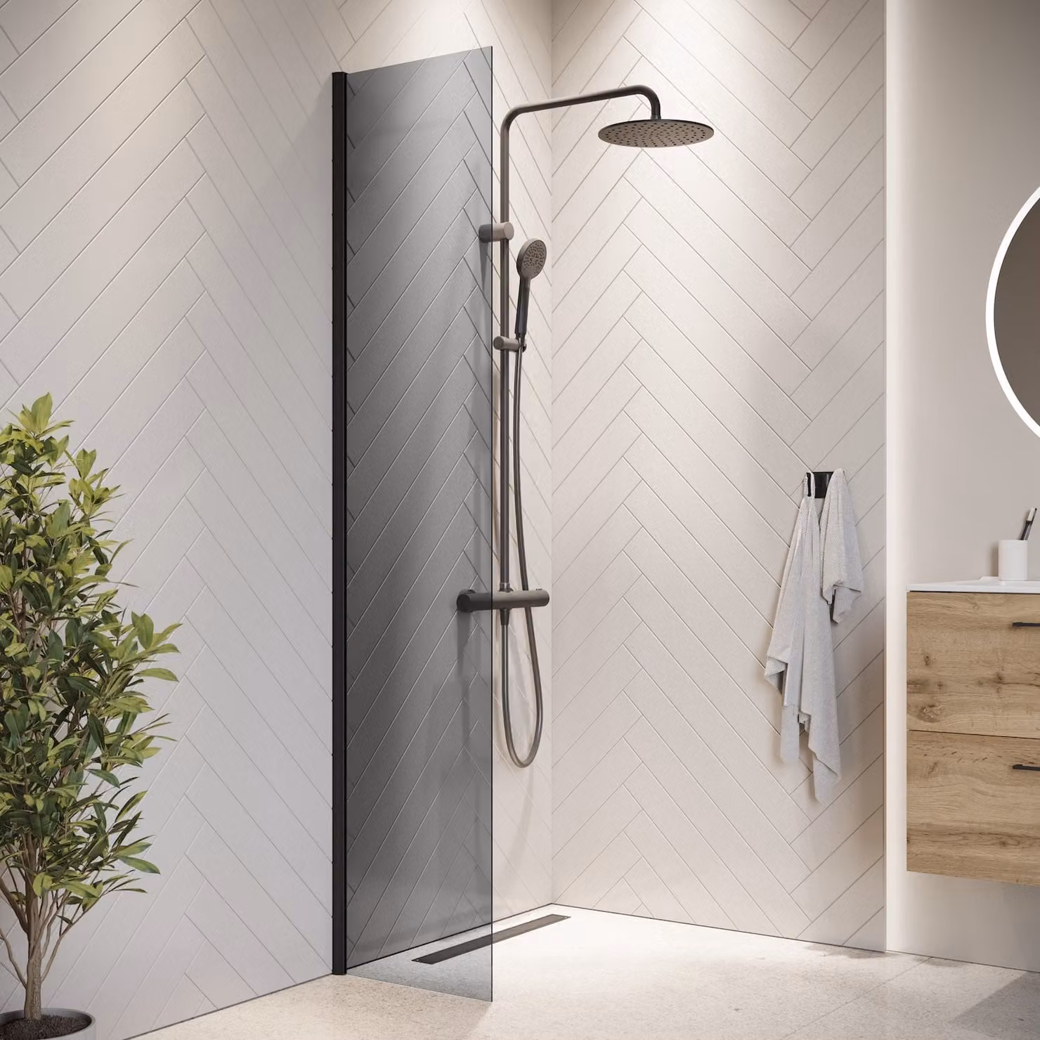 Badplaats Parete Doccia Rizani 40 x 200 cm – Nero – Vetro Fumé Doccia Walk-In 8 mm Vetro di Sicurezza