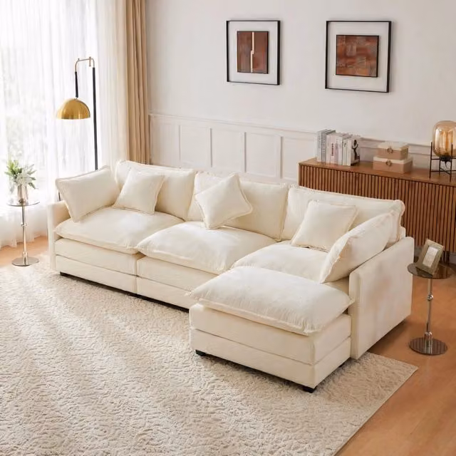 Divano angolare L 283x147x84 cm in chenille beige con chaise longue, per soggiorni piccoli –