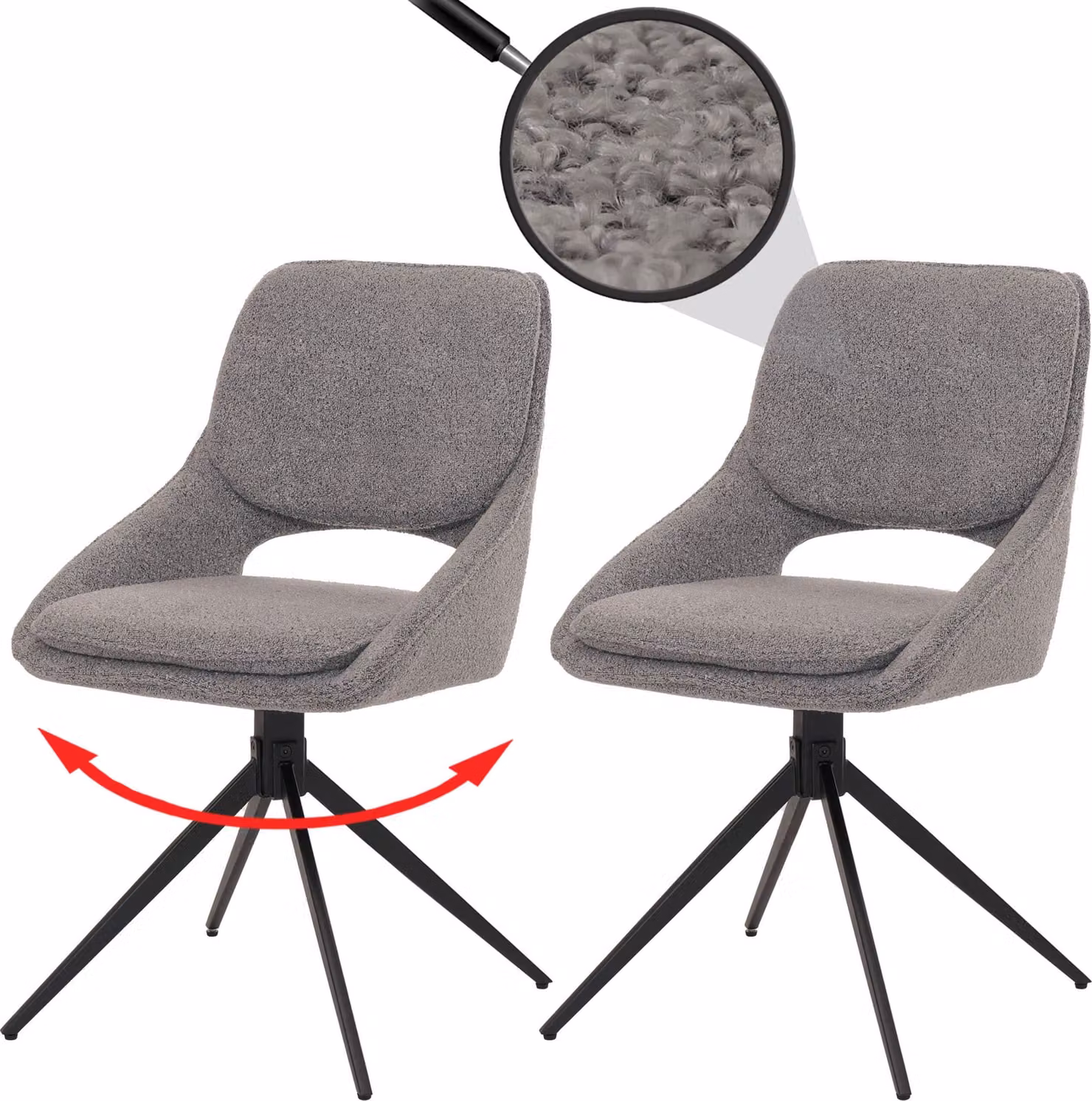 Set di 2 sedie da pranzo HWC-N73, sedia per cucina, girevole con ritorno automatico, rivestita in tessuto boucle (540g/m²), colore grigio