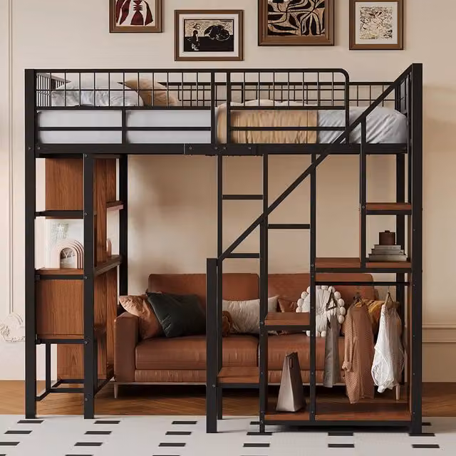 Letto a soppalco multifunzionale - Xylo - 140x200 cm - Nero - Con spazio di archiviazione e scala