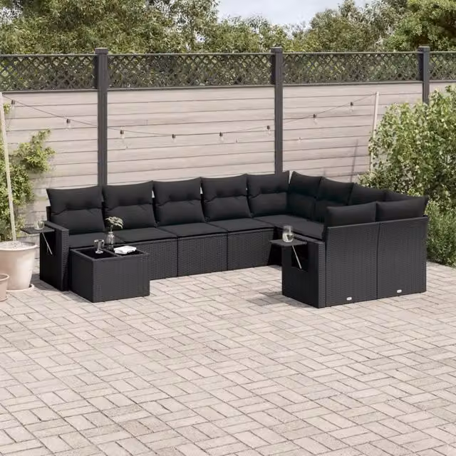 Set Divani da Giardino 10pz con Cuscini in Polyrattan Nero 3252992
