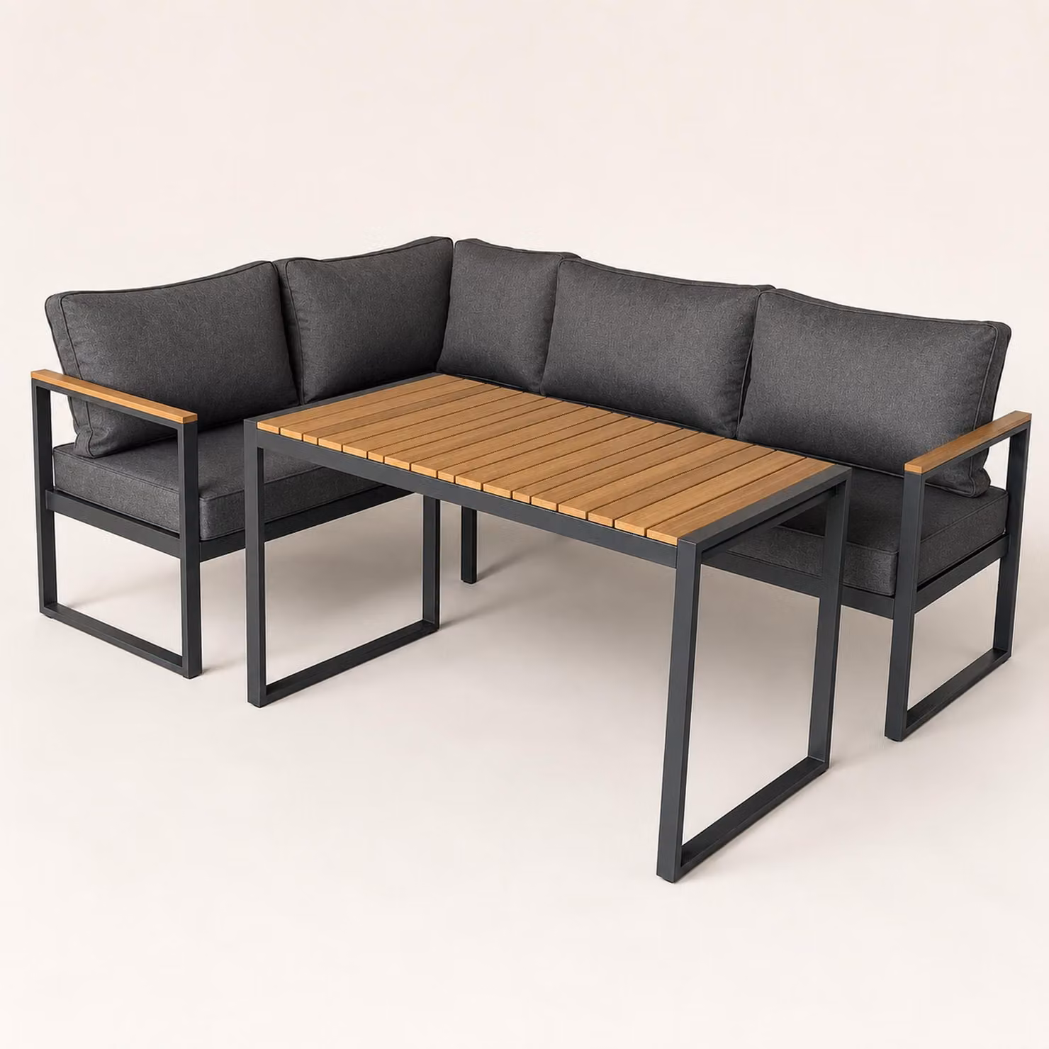 Set da giardino greemotion Toledo, in legno antracite / nero, cuscini e tavolo inclusi