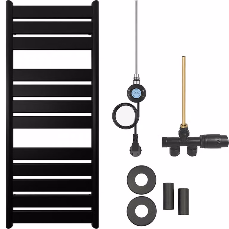 Kit radiatore per bagno Arturo - riscaldamento combinato, antenna Wi-Fi - collegamento laterale a un punto - 600W - nero opaco - 1200x500 mm