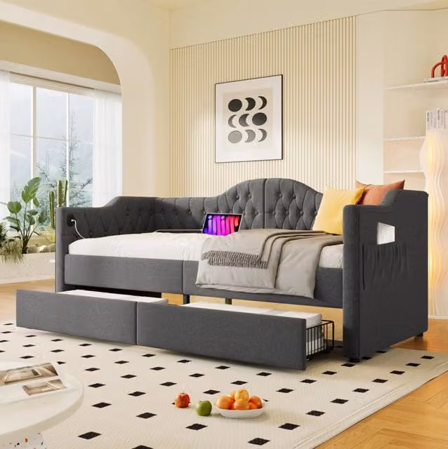 Letto singolo 90x190 cm con 2 cassetti, USB e USB-C in lino grigio