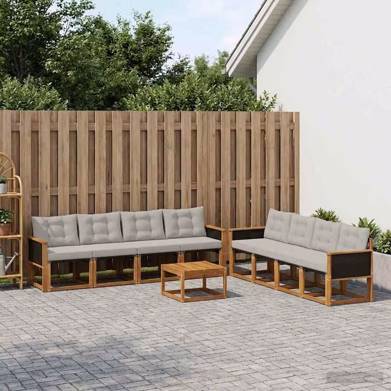 Set di divani da esterno vidaXL 9 pz in legno di acacia con cuscini e tavolino da caffè, colore beige e grigio
