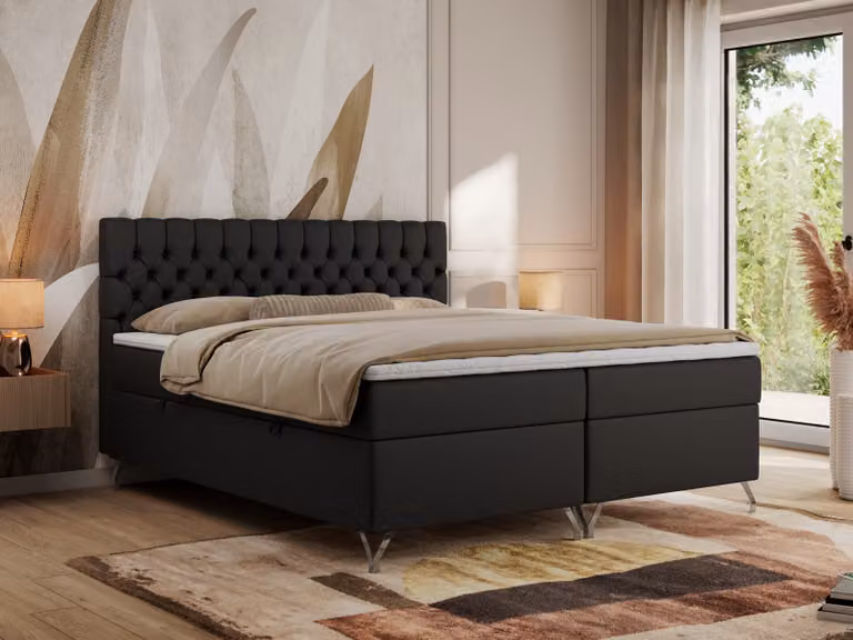 Letto boxspring MKS MEBLE 120x200, Letto 120x200 con materasso H3, letto boxspring 120x200 con contenitore e topper, letto imbottito 120x200 con piedini - GRIMALDI - 120x200 - Ecopelle nera - H3