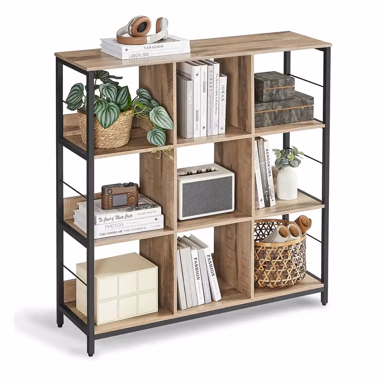 Libreria Scaffale con Ripiani Aperti per Soggiorno Studio Cucina Camera da Letto, Marrone Cammello + Nero Inchiostro / 9 Scomparti (30P x 100l x 103,1H cm)