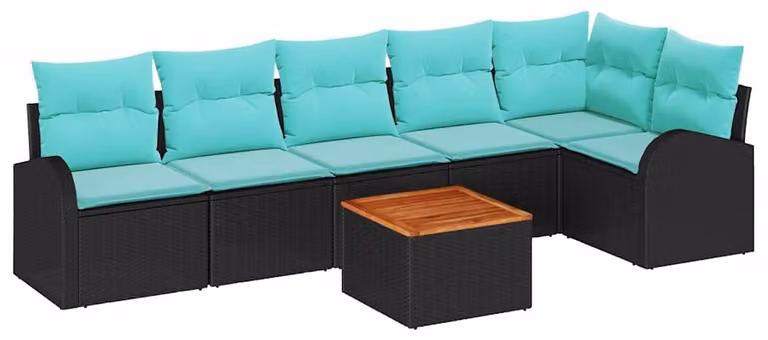Set da giardino composto da 7 pezzi, in rattan sintetico nero e turchese