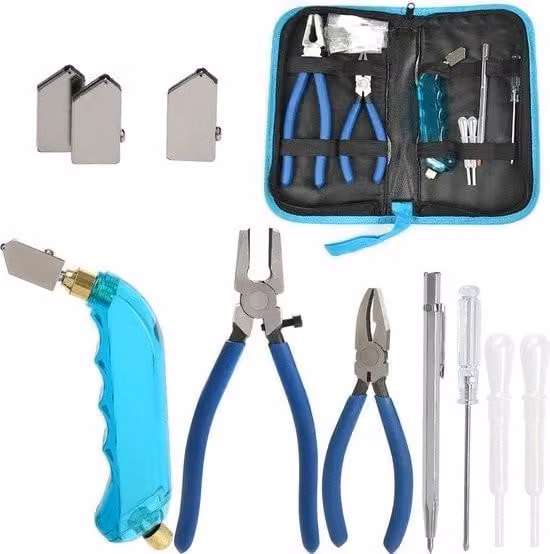 Set professionale per il taglio del vetro DODUOS – Tagliavetro ad olio con 2 teste di taglio di diverse dimensioni, pinza articolata, contagocce, stilo, cacciavite, borsa – Tagliavetro per tagli precisi del vetro