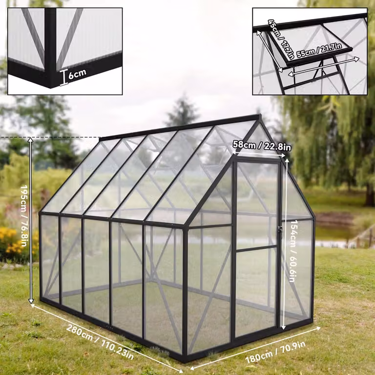 Serra in alluminio - Serra da giardino - Vaso per piante - Serra - Serra di coltivazione - 280 x 180 x 195 cm - Pareti in policarbonato doppio