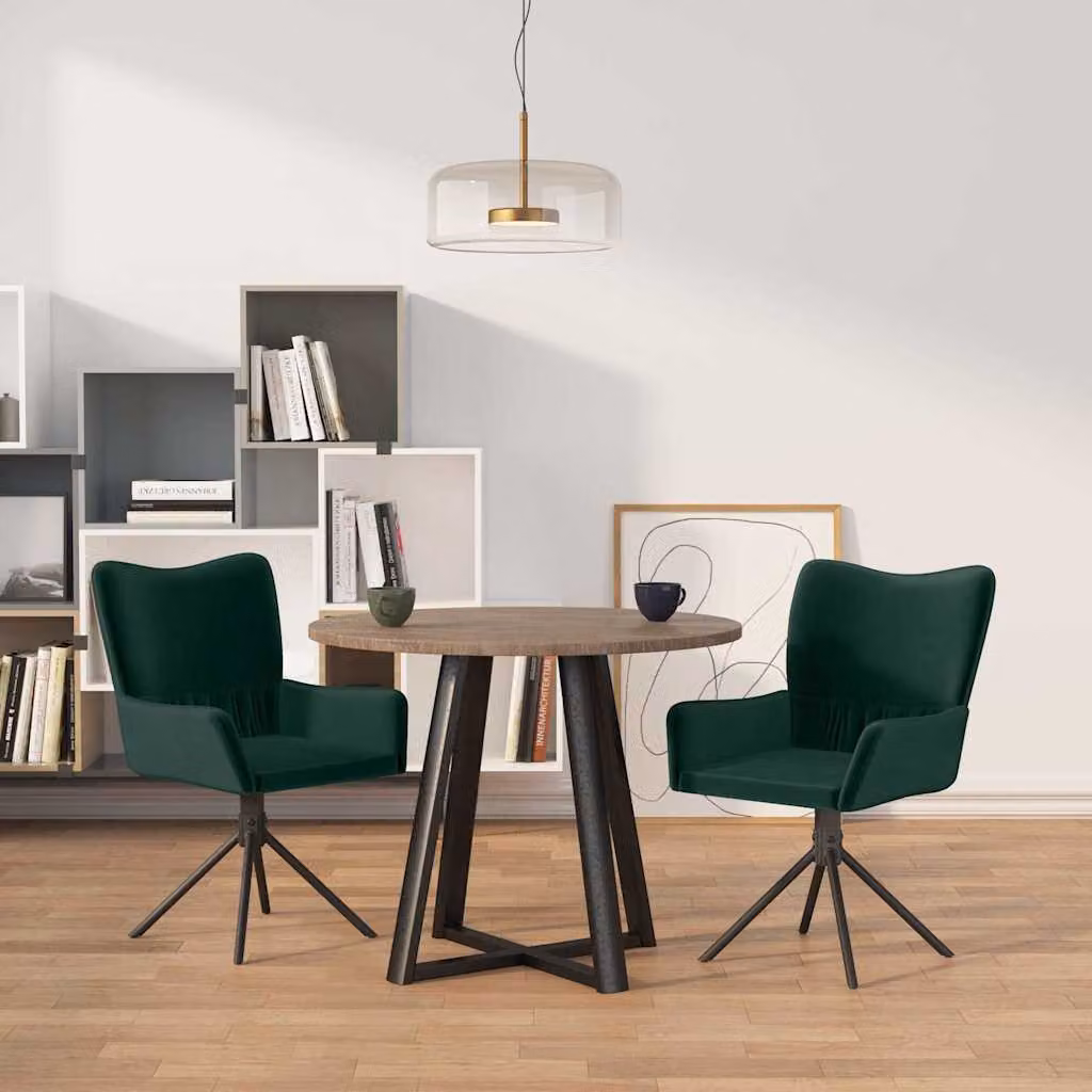 Set di 2 sedie da pranzo girevoli vidaXL in velluto verde scuro con braccioli e base in metallo e legno