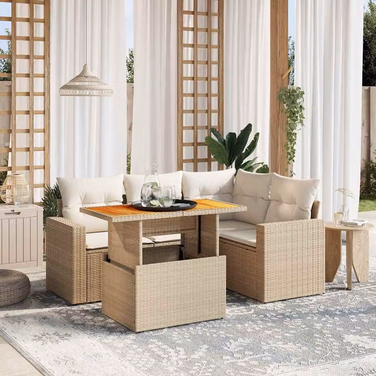 vidaXL Set Divano da Giardino a L con Cuscini Beige e Tavolino, Design Moderno in Polyrattan e Legno di Acacia