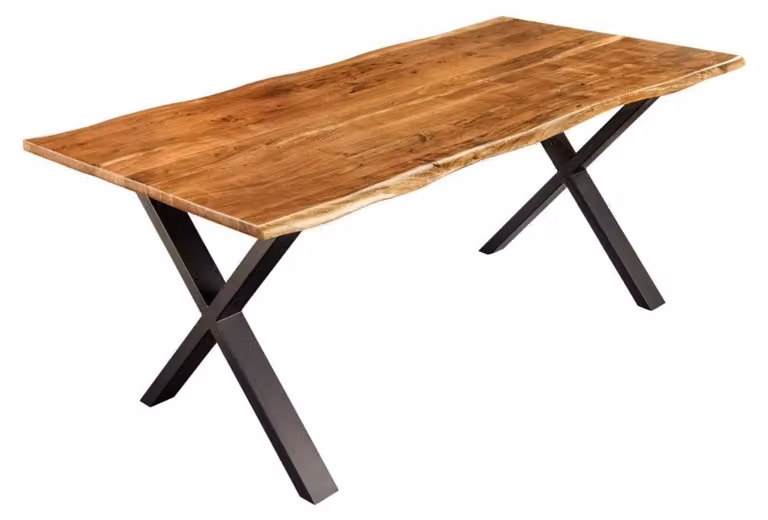 Tavolo da pranzo ARKAYA 180 cm – Piano in acacia verniciato e gambe incrociate in metallo nero – Design industriale naturale