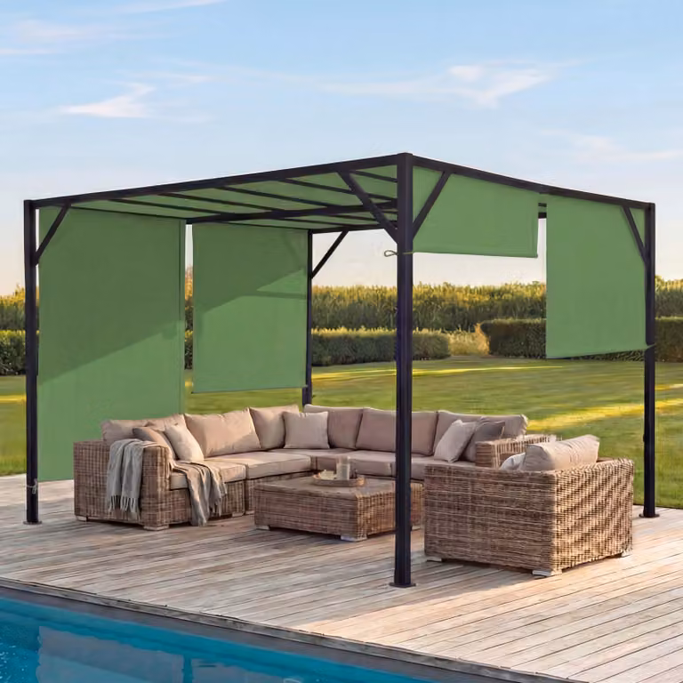 Pergola Baia, tetto a padiglione da giardino, robusta struttura in acciaio da 6 cm + tetto scorrevole verde ~ 4x4m