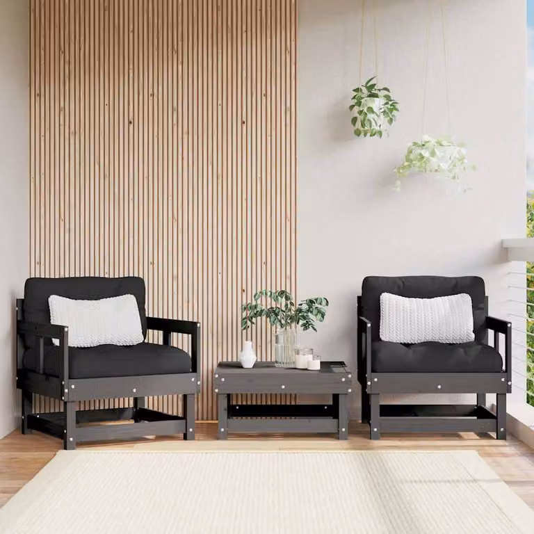 Set di 2 sedie da giardino vidaXL in legno massello di pino con cuscini grigi e neri