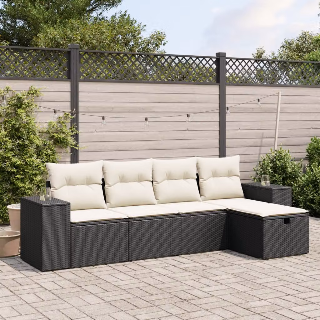 Set Divani da Giardino vidaXL 5 Pezzi a Forma di L in Polyrattan Nero con Cuscini e Struttura in Acciaio Verniciato a Polvere – 1