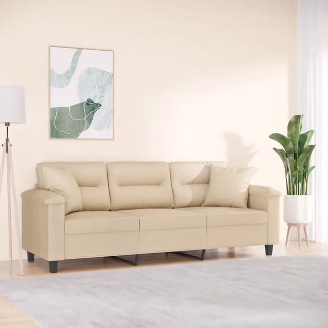 Divano a 3 posti moderno vidaXL in microfibra beige con cuscini e struttura in metallo L: 210 cm, P: 80 cm, H: 77 cm