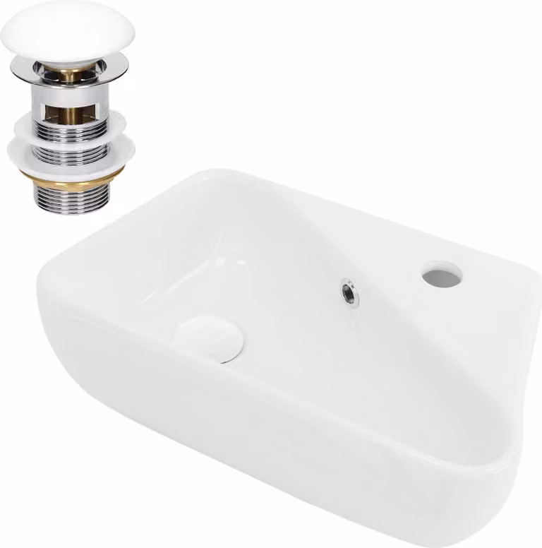LuxeBath Lavabo da appoggio Angolare, 45x27x13 cm, bianco, Vetroceramica, foro per rubinetto a destra, incluso set di scarico con troppopieno