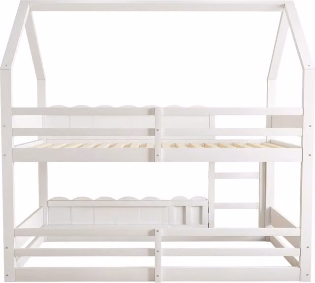 Letto a castello per bambini Chicfurn con design a casetta, barriere di sicurezza e porta pieghevole, colore bianco, L/P/H: 200 x 90 x 181,5 cm – 1