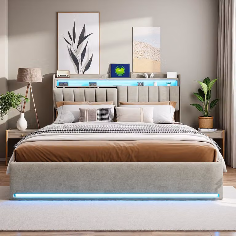 Letto contenitore 160x200 cm in tessuto vellutato grigio con testata imbottita, luci LED integrate, pratico vano portaoggetti, presa USB