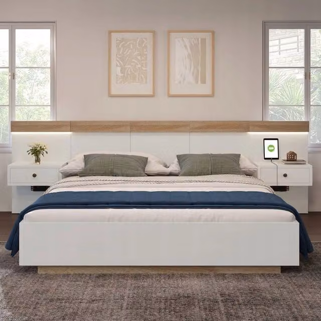 Letto matrimoniale - Xylo - 180x200cm - Bianco rovere - 2 comodini LED USB