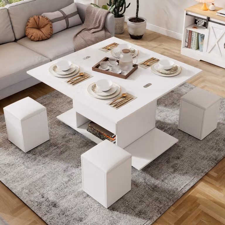 Tavolino da caffè regolabile in altezza, dimensioni 100x100x63,5 cm, con 4 poggiapiedi, colore bianco