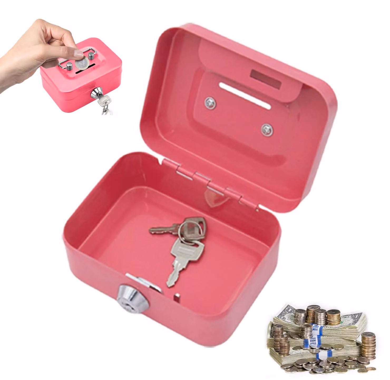 Piccola cassaforte con 2 chiavi, chiudibile, dimensioni 11,5 x 8,5 x 5,8 cm, rosa