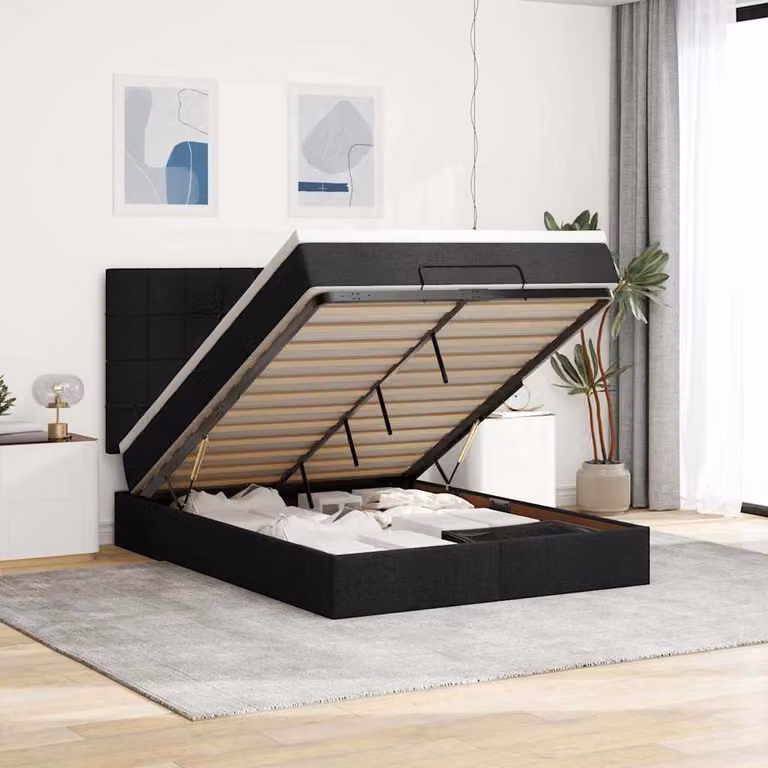 Letto con contenitore e materasso vidaXL in tessuto nero, con base a sollevamento, illuminazione sottostante e porta USB, L/P/H: 200 x 140 x 128 cm