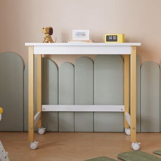 Tavolo da ufficio, scrivania, piano di lavoro, con ruote, in legno di quercia e MDF, bianco e naturale