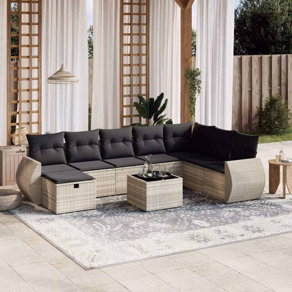 Set Divano da Giardino a L vidaXL 9pz con Cuscini Grigio con Tavolino e Ottoman in Polyrattan e Acciaio – 1
