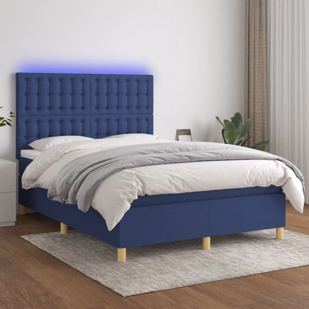 Letto Ibrido vidaXL con Materasso, Illuminazione LED Blu e Porte USB, Tessuto Bianco e Blu, L/P/H: 140 x 200 x 60 cm – 1