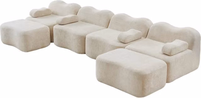 Divano modulare 4 posti a forma di U con 2 pouf, schiuma ad alta densità 32D, tessuto vellutato beige per soggiorno