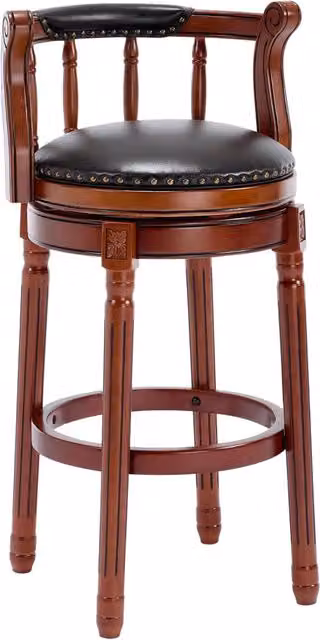Sgabello da Bar in Legno Avorio con Sedile in Pelle Cow Top e Schienale, Girevole a 360°, Altezza 75 cm per Cucina e Sala da Pranzo