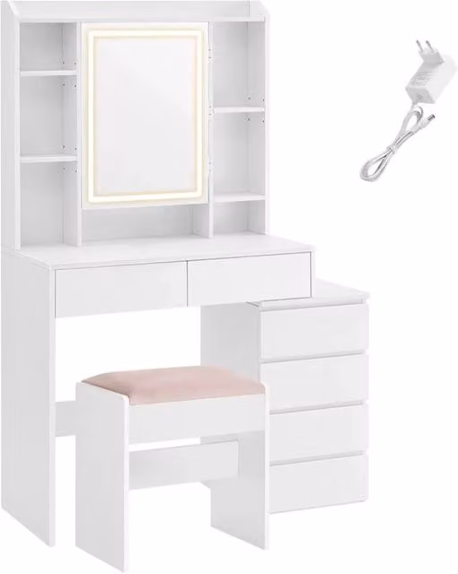 Toeletta con LED 3 luminosità regolabili 40 x 97,5 x 145 cm tavolo da trucco con specchio cassetti scomparti aperti sgabello ripiani regolabili moderno bianco nuvola 12_0005154