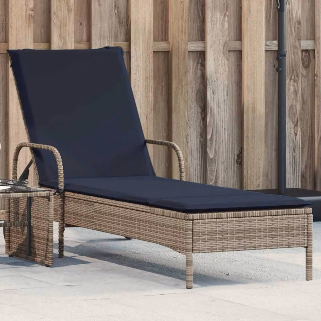 vidaXL Lettino prendisole in polyrattan grigio con ruote, poggiatesta regolabile e cuscino impermeabile blu