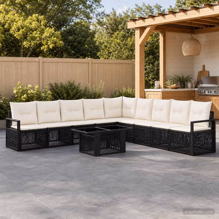 Set Divano da Giardino vidaXL 10 Pezzi in Polyrattan Moderno Nero e Bianco Crema con Cuscini e Tavolino