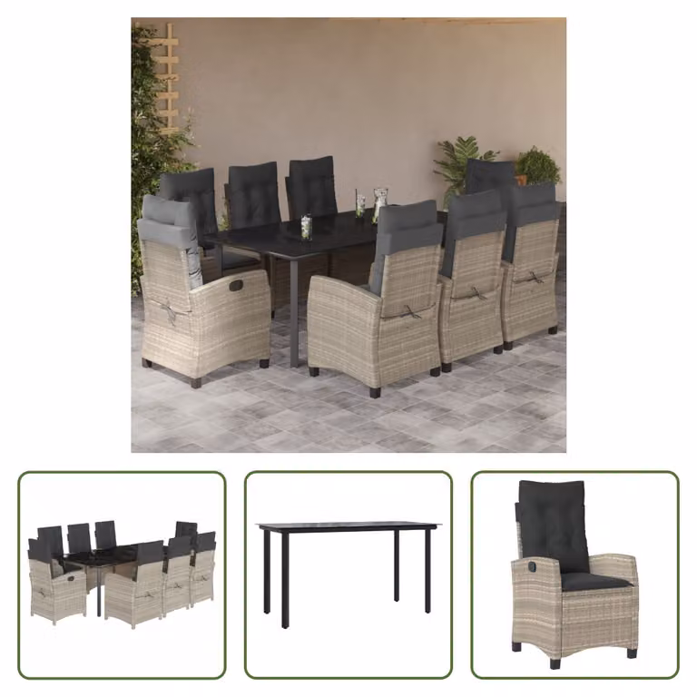 The Living Store Set da pranzo da giardino 9 pezzi con cuscini in poly rattan grigio chiaro