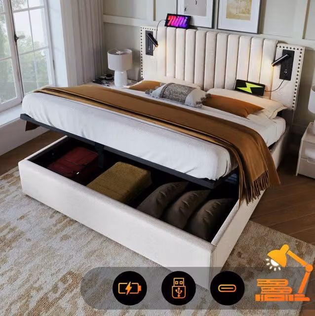 Letto Matrimoniale 180x200 con Contenitore, Testiera Regolabile in Tessuto Cotone Beige con Illuminazione e Ricarica USB