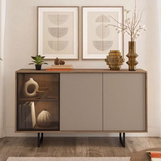 Madia Terinese DMORA, Credenza Moderna con Illuminazione Integrata in Legno e Vetro, Beige e Marrone, L: 184 cm, P: 40 cm, H: 87 cm