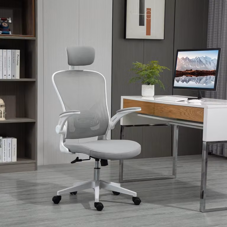 okwish Sedia girevole da ufficio, sedia da ufficio con schienale alto, sedia da scrivania con schienale curvo in rete, sedia da computer con supporto lombare e poggiatesta, grigio