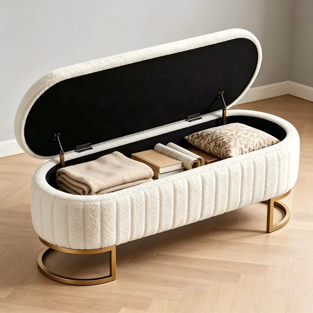 Panca da letto contenitore OKWISH in velluto beige con seduta imbottita e struttura in metallo e legno, L: 130 cm – 2