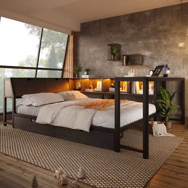 Letto multifunzionale 140x200 cm in metallo e MDF nero con contenitore; LED e scrivania