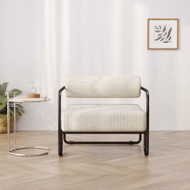 Poltrona Lounge Moderna MINIMAL in Velluto a Coste Beige con Gambe in Metallo Nero L/P/H: 68 x 73 x 70 cm
