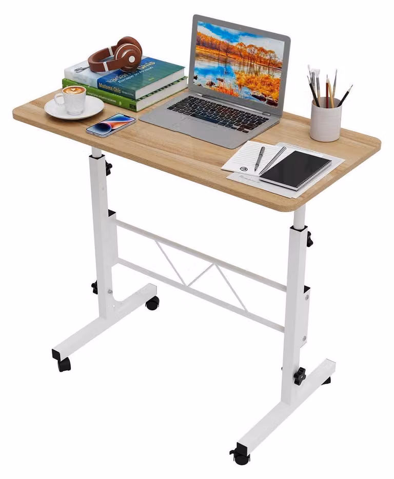 Tavolo per laptop con rotelle, regolabile in altezza da 69 a 110 cm, piano girevole a 360°, dimensioni 80x40 cm, in legno