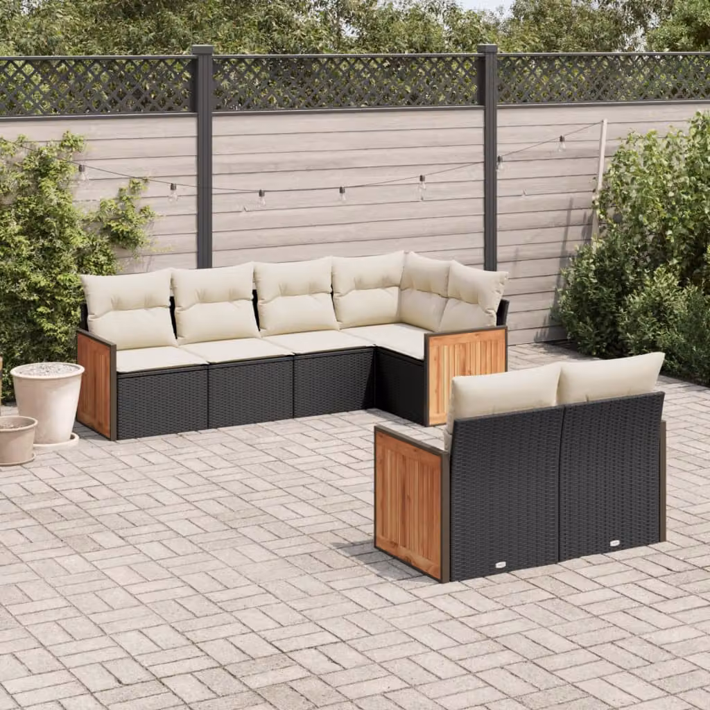 vidaXL Set Divani da Giardino a L con Cuscini 7pz in Polyrattan Nero e Legno di Acacia – 1