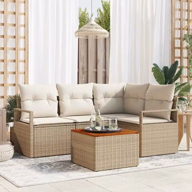 Set Divano da Giardino a L con Tavolino vidaXL, 5 Pezzi in Polyrattan Beige con Cuscini e Struttura in Acciaio